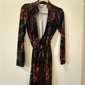 Tommy Bahama Black Floral Wrap Dress with Pink and Orange Accents